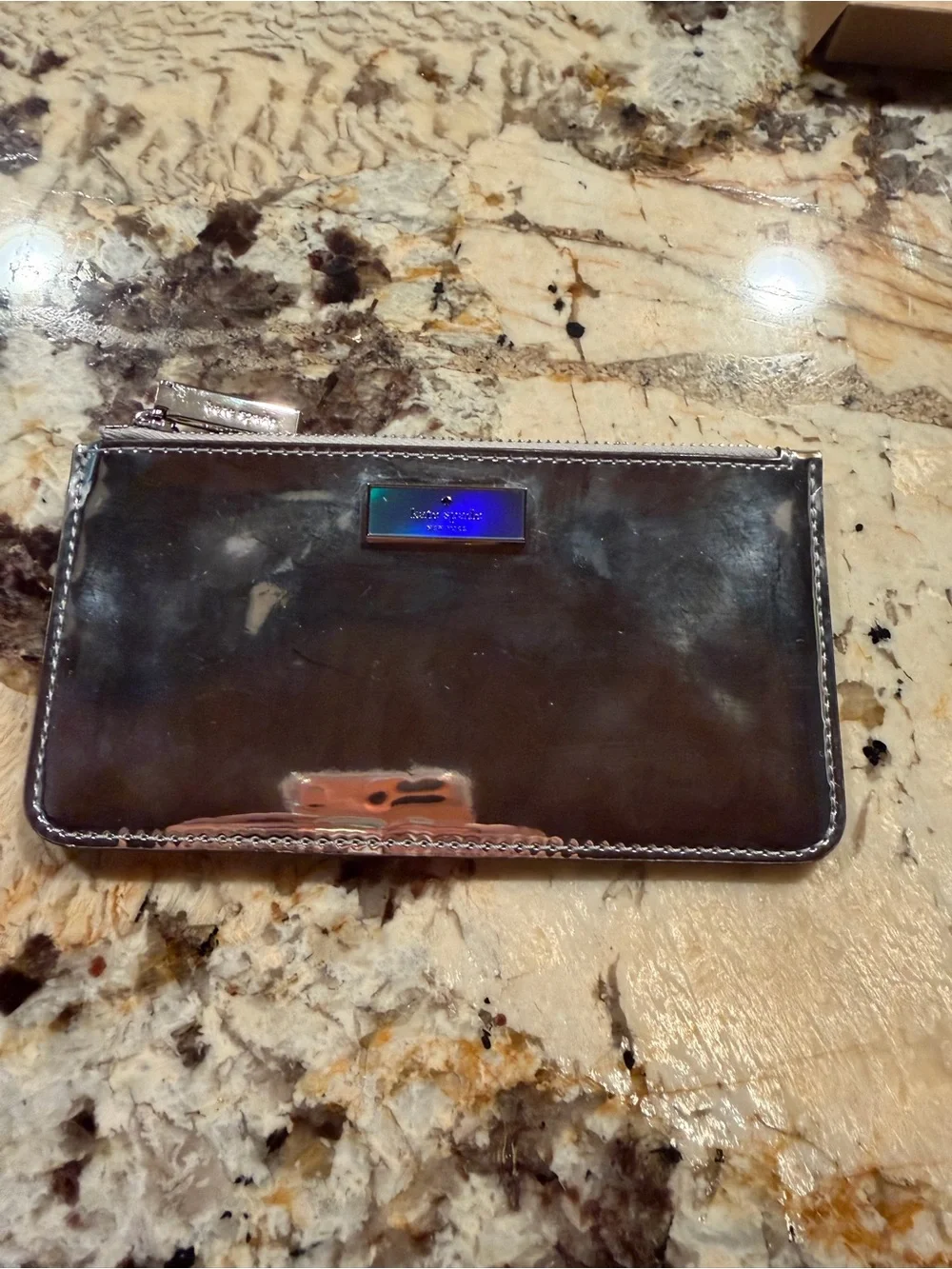 KATE SPADE NWT Iridescent Metallic Silver Wallet Card Case Zip Coin Slot